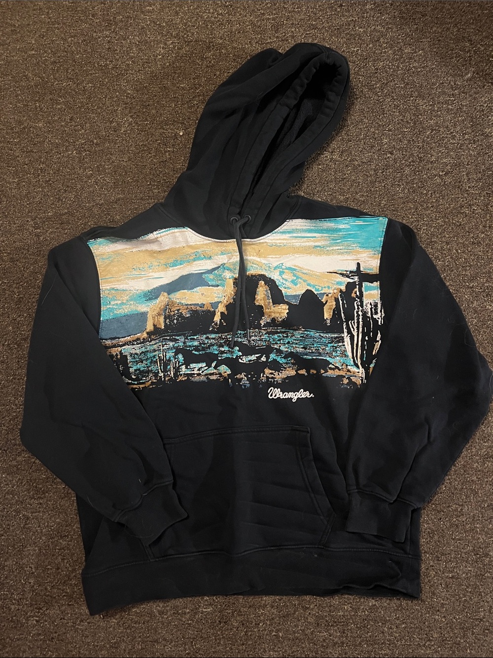 Wrangler Black Hoodie with Teal and Tan Desert Print